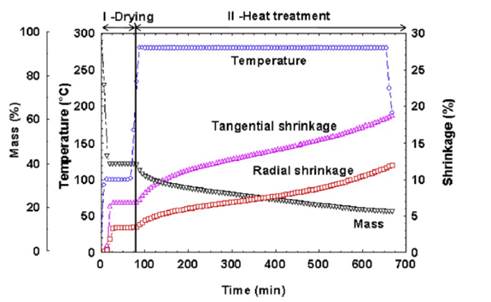 Analisis termogravimetrico del Pinus caribaea, donde además de la perdida masica, se presentan la contracción tangencial y radial (Almeida et al. 2014).