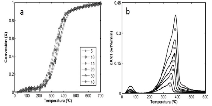 Curvas de TGA (a) y DTG (b) de aserrín de Pinus cipres a velocidades de calentamiento de 5, 10, 15, 20, 30 y 40°C/min (Soto et al. 2010).