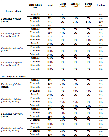 Comparative results (% of samples in different classes) of termite and microorganisms attack in field test, after 6, 12, 18 and 36 months exposure.