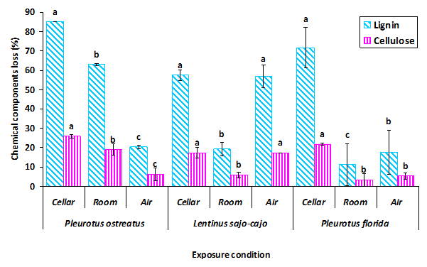 Chemical component losses of rice straw after exposure to white rot fungi under different environmental conditions after 90 days incubation.