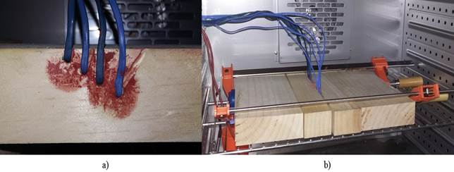 Sensores de temperaturas: a) detalle de instalación de termopares. b) montaje al interior de la cámara: termopares instalados, previo al prensado y sellado.