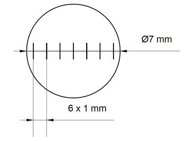 Depiction of measurement area - circle imprint of ultrasonic probe and section on the diameter for light microscope measurement.