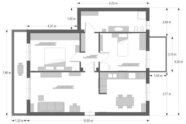 Floor plan of the apartment chosen as a case study. Wood based products are colored in light grey. All furnishings are drawn in scale, except for frames that have been enlarged to be more visible. Baseboard is not shown for easier readability, anyway it is present in each room in which parquet flooring is illustrated. Grey color on windows represents the roller shutter boxes.