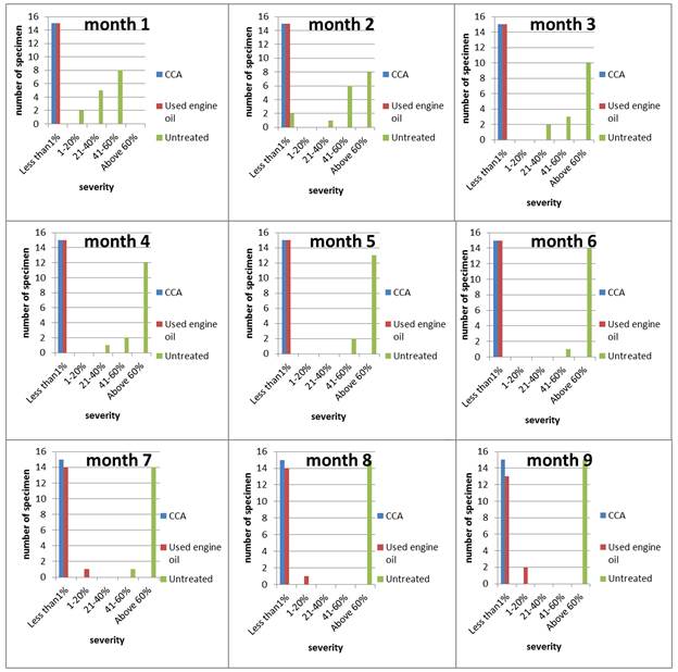 Number of P. reclinata samples treated with CCA and used engine oil in different severity classes at different months after establishment of the experiment.