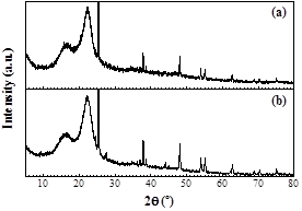 X-ray powder diffraction patterns for the cellulose fibers from (a) E. arborea and (b) C. ladanifer after microwave-assisted DES treatment for 30 min; the sharp peaks observed in both diffractograms for 2θ > 25º are spurious and can be unequivocally ascribed to some remaining TiO2, anatase variety (ICDD PDF # 04-002-8296), used in the treatment.