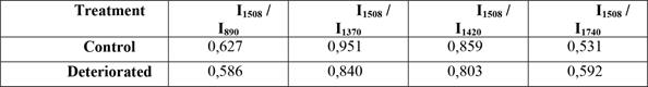 Relative values of the bands relating lignin (I1508) with carbohydrates (I890; I1370; I1420; I1740) from the woods of the control group and deteriorated by termites of Nasutitermes genus.