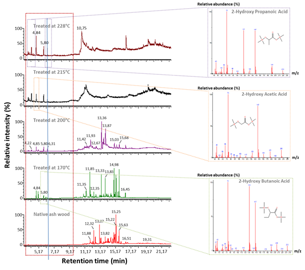 Untreated and heat-treated ash wood water-extractive composition identified by GC-MS, depending on the thermal treatment temperature.