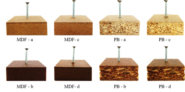(a) MDF test blocks with non-water soaked before and (c) after testing, (b) water soaked before and (d) after testing; (a) PB test blocks with non-water soaked before and (c) after testing, (b) water soaked before and (d) after testing.