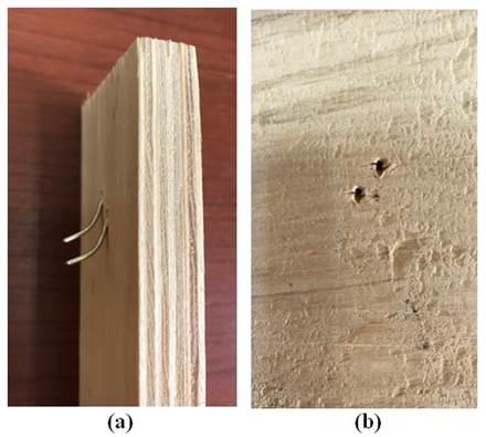 Failure mode of one-staple wood joints; (a) staple legs bent; (b) materials crushed in the side member.
