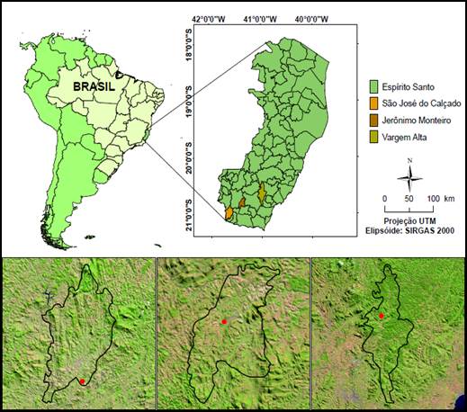 Location of the municipalities where the decay field tests were installed with the seven eucalypts wood.