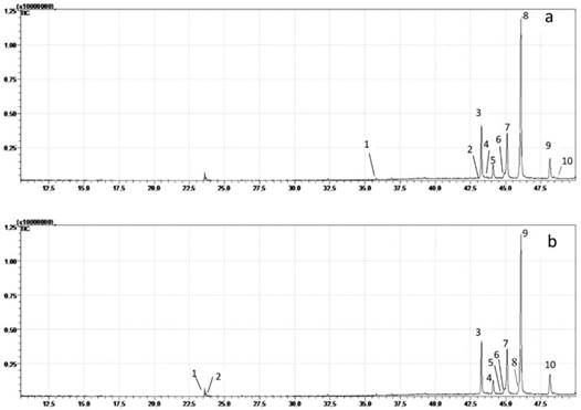 Chromatogram of organic compounds obtain from pulai bark in (a) n-hexane extract (b) petroleum ether extract. (a) n-hexane extract: (all-E)-2,6,10,15,19,23-hexamethyl-2,6,10,14,18,22-tetracosahexaene (35.7 min)1; 9,19-Cyclolanost-24-en-3-ol, (3.beta.)- (43.1 min)2; urs-12-en-3-one (43,3 min)3; D-Norandrostan-16-ol, acetate, (5.alpha.,16.beta.)- (43,6 min)4; Lupeol (44,1 min)5; Lanosta-8,24-dien-3-ol, acetate, (3.beta.)- (44,9 min)6; 12-Oleanen-3-yl acetate, (3.alpha.)- (45,1 min)7; Lup-20(29)-en-3-ol, acetate, (3.beta.)-; Lup-20(29)-en-3-ol, acetate, (3.beta.)- (46,2 min)8 (48,2 min)9 (48,8 min)10. (b) petroleumether extract: Dibutyl phthalate (23,5)1; 1,2-Benzenedicarboxylic acid, bis(2-methylpropyl) ester (23,6 min)2; urs-12-en-3-one (43,2)3; Lupeol (44,1)4; Lanosta-8,24-dien-3-ol, acetate, (3.beta.)- (44,8)5; Lup-20(29)-en-3-ol, acetate, (3.beta.)- (44,9 min)6; urs-12-en-3-one (45,1 min)7; trans-Biformene (45,9 min)8; 5H-3,5a-Epoxynaphth(2,1-c)oxepin, dodecahydro-3,8,8,11a-tetramethyl-(46,0 min)9; Lup-20(29)-en-3-ol, acetate, (3.beta.)- (48,1 min)10