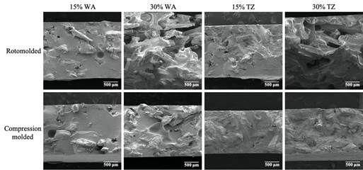 Morphology of RM (first row) and CM (second row) white ash (WA) and tzalam (TZ) PLA biocomposites at different wood content
