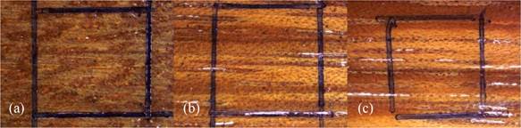 (a) Finishing with plain varnish, (b) Varnish with bleached MFC, (c) Varnish with unbleached MFC. Images captured a 10x magnification.