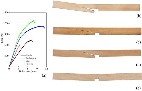 Failure modes of notched bending tested samples: (a) Load-deflection curves; (b) Poplar (Populus tomentosa Carrière); (c) Mahogany (Swietenia mahagoni (L.) Jacq.); (d) Beech (Fagus orientalis Lipsky); (e) Ash (Fraxinus excelsior L.).