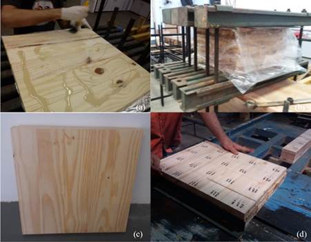manufacturing procedures: (a) Adhesive application; (b) CLT pressing; (c) CLT board after sanding; (d) CLT specimens cutting.    