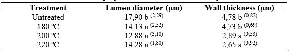 Anatomical properties of treated and untreated pine woods.