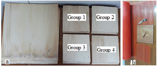 (a) Creation of boards from rotary peeled veneers and (b) Cutting the GFM.