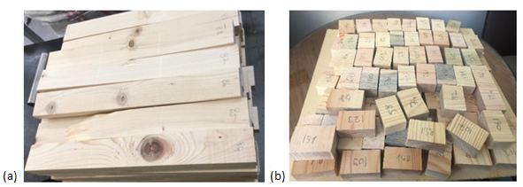 Visually graded (a) board specimens with defects and (b) defect-free cut fir and black pine pieces after the tests.