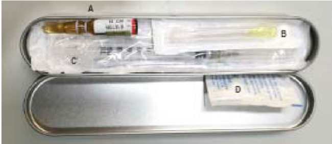 El equipo personal para manejo de anafilaxia con autoadministración de epinefrina consiste en un estuche metálico que contiene: A) Un ámpula de epinefrina de 1 mg/mL. B) Aguja de 20 G/3Z8 mm. C) Jeringa graduada de 1 mL. D) Torunda alcoholada. Este equipo es integrado en el propio servicio, ya que en México no se cuenta con autoinyectores de adrenalina.