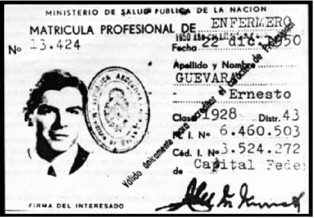 Credencial de Ernesto Guevara emitida por el Ministerio de Salud Pública de la Nación de Argentina. 