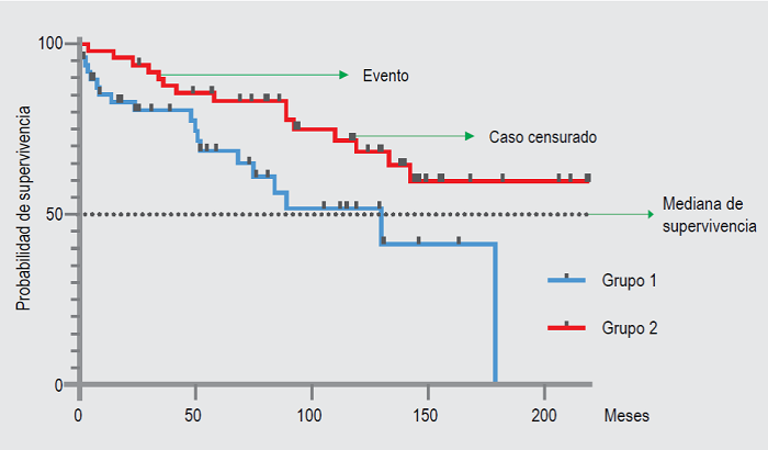 Gráfico de supervivencia donde se ilustran los eventos, los datos censurados y la mediana de supervivencia.