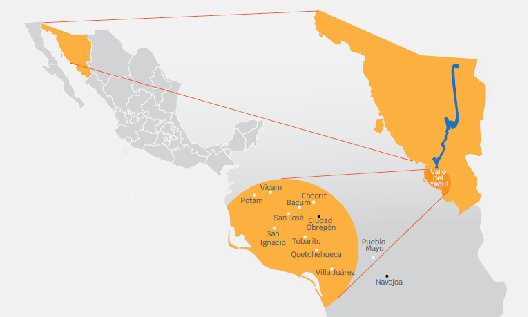Localización geográfica del Valle del Yaqui, Sonora, México. En la primera parte de la imagen se aprecia un mapa del perímetro mexicano, posteriormente se realiza un acercamiento a través de líneas paralelas para enfocar el estado de Sonora y sus colindancias, en esa segunda parte se aprecia la trayectoria del río Yaqui y finaliza con la zona del Valle del Yaqui. En la parte final se aprecia el Valle del Yaqui y sus principales asentamientos. 