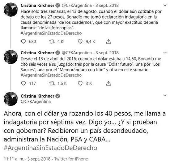 Hilo de tuits de Cristina Fern&aacute;ndez de Kirchner