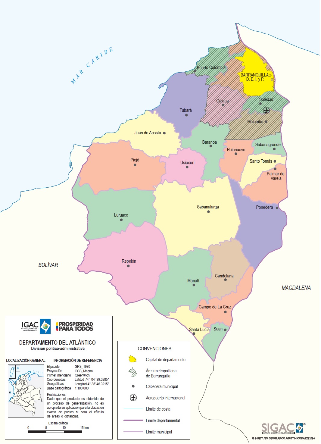 Figura 1. Mapa pol&iacute;tico-administrativo del departamento del Atl&aacute;ntico (&aacute;rea de estudio).