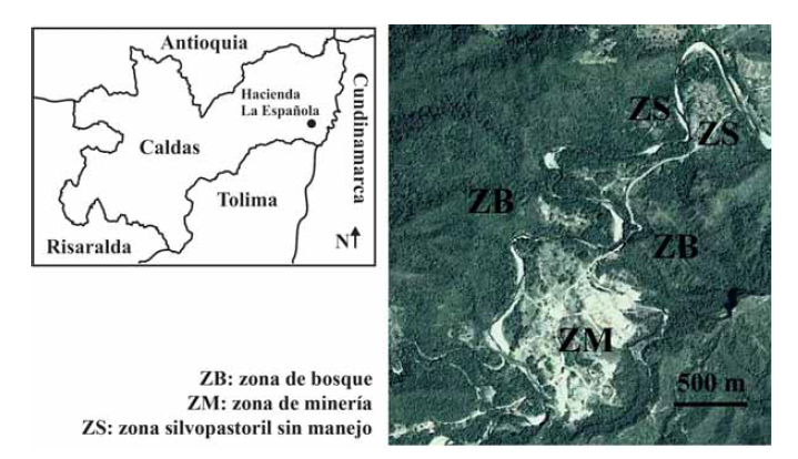 Ubicacin de la hacienda La Espaola en el departamento de Caldas, indicando la posicin de las tres unidades de paisaje establecidas en la zona de estudio. Fuente Google Earth Pro . Imagen: CNES/Astrium. Fecha: febrero 15 de 2016. Altura: 3 km. Imagen centrada en 5 22’ 21,.34” N – 74 47’ 37,77” W.