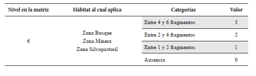 Valores de estado para el nivel nmero de fragmentos en la matriz de valoracin.