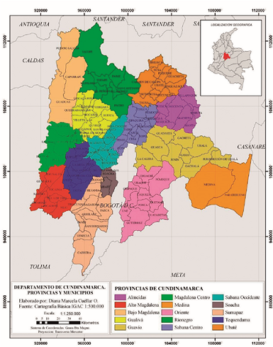 Ubicación, municipios y provincias del departamento de Cundinamarca. Tomado de Cuéllar (2011).