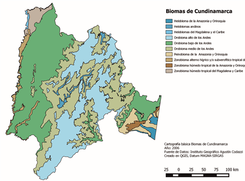 Mapa de los biomas presentes en el departamento de Cundinamarca.