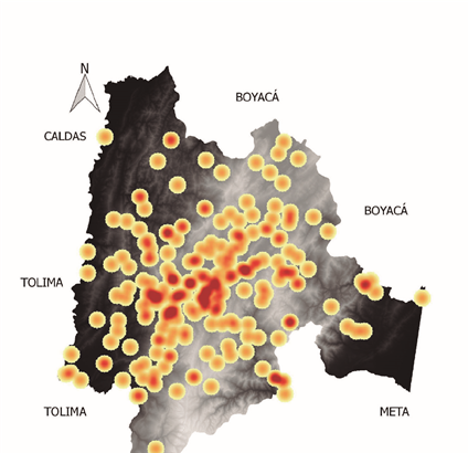 Mapa de densidad de Kernel de las localidades estudiadas históricamente en el departamento de Cundinamarca (Olivares, 1969; fuentes de información y observaciones de los autores). Los puntos rojos representan congregaciones de localidades estudiadas (no se tuvieron en cuenta listados aislados o con poca representatividad de muestreo). 