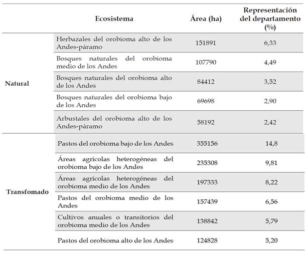 Ecosistemas naturales y transformados destacados por su extensión en el departamento de Cundinamarca. Tomado de: Ideam et al. (2007).