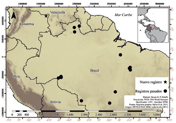 Distribución actual de O. amazonica con datos tomados de Salles etal. (2013).