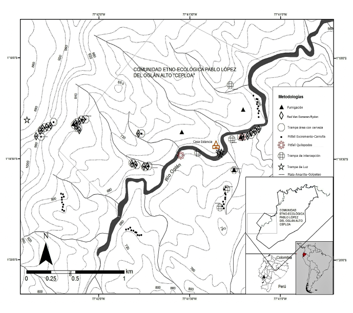 Área de estudio del Bosque Protector Oglán Alto, Pastaza, Ecuador, y metodologías utilizadas para el inventariode escarabajos coprófagos de la zona. 
			