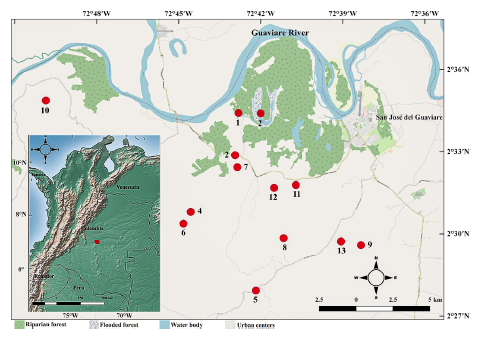 Distribution map for the herpetofauna sampling sites in San Jos&eacute; del Guaviare, Guaviare, Colombia. The name of each numbered site is found in Table 1.
			