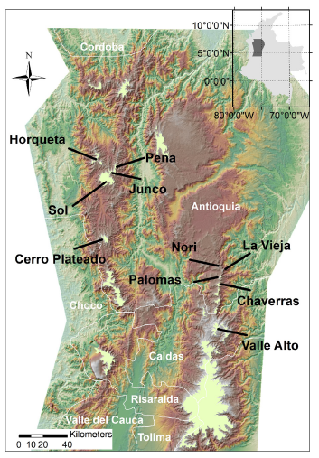  Ubicaci&oacute;n de las localidades visitadas en los complejos de p&aacute;ramo Urrao-Frontino (izquierda) y Sons&oacute;n (derecha),Colombia, entre marzo y agosto de 2014.