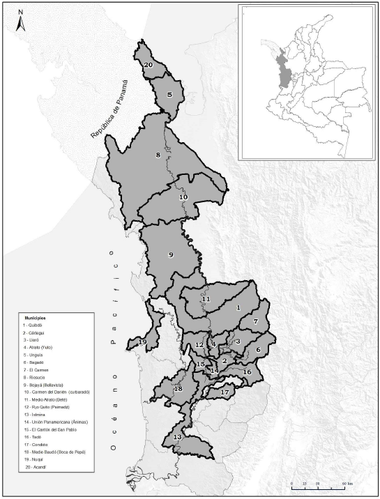 División política del departamento de Chocó, Colombia con las áreas de distribución del orden Diptera. Base cartográfica: IGAC Instituto Geográfico Agustín Codazzi.