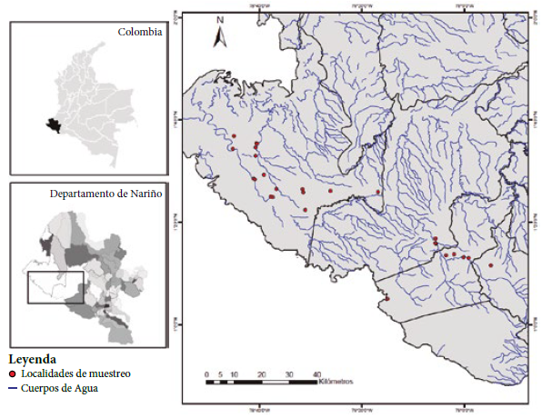 Mapa de las localidades muestreadas en la cuenca del r&iacute;o Mira, departamento de Nari&ntilde;o, Colombia (escala 1:750.000).