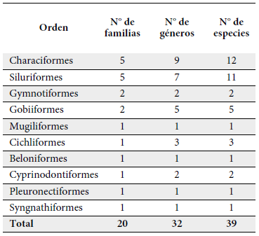 Resumen por &oacute;rdenes y n&uacute;mero de familias, g&eacute;neros y especies de los peces de la cuenca del r&iacute;o Mira en Colombia.