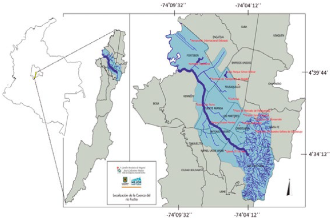Ubicación de la cuenca del río Fucha en la ciudad de Bogotá. Mapa elaborado en 2015 por el Jardín Botánico de Bogotá José Celestino Mutis.