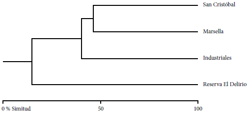 Dendrograma de similitud (Bray-Curtis), basado en riqueza de especies, entre los sitios muestreados a lo largo del río Fucha, Bogotá.