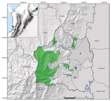 Municipio de Santiago de Cali, Valle del Cauca, Colombia y localidades representativas con trabajo ornitol&oacute;gico. 1- Parque Nacional Natural Farallones de Cali. 2- IBA-Bosque de San Antonio/Km 18. 3- Ecoparque Cerro de las Tres Cruces-Batacl&aacute;n. 4- Zona Urbana de Cali (Nororiental). 5- Reserva Municipal de Uso sostenible R&iacute;o Mel&eacute;ndez. 6- Universidad del Valle-Campus Mel&eacute;ndez. 7- Ecoparque R&iacute;o Pance. 8- Comuna 22 y complejo de humedales (eg. Ecoparque Lago de las Garzas, Lago de Los Cisnes -o de La Babilla-)