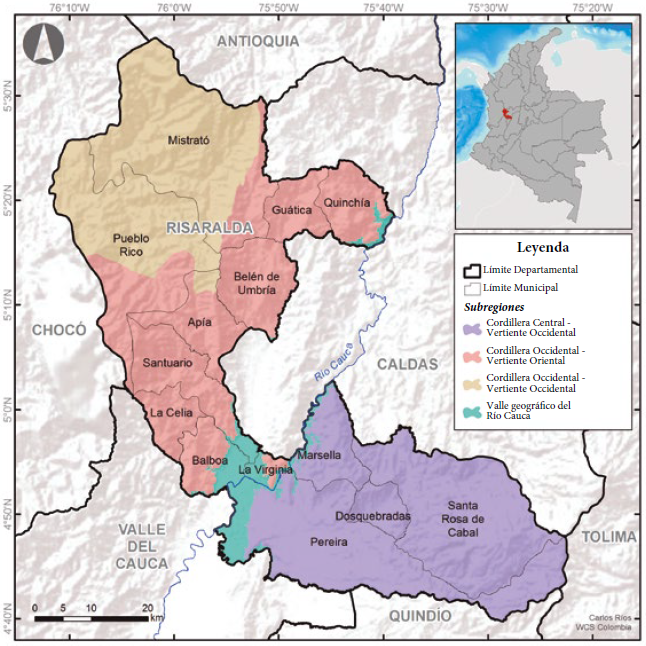 &Aacute;rea de estudio. Ubicaci&oacute;n del departamento de Risaralda en Colombia y municipios del departamento.