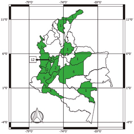 Cantidad de géneros de Carabidae por departamentos, depositados en el Museo de Entomología de la Universidad del Valle. El número encerrado en un recuadro corresponde al departamento de Risaralda.
