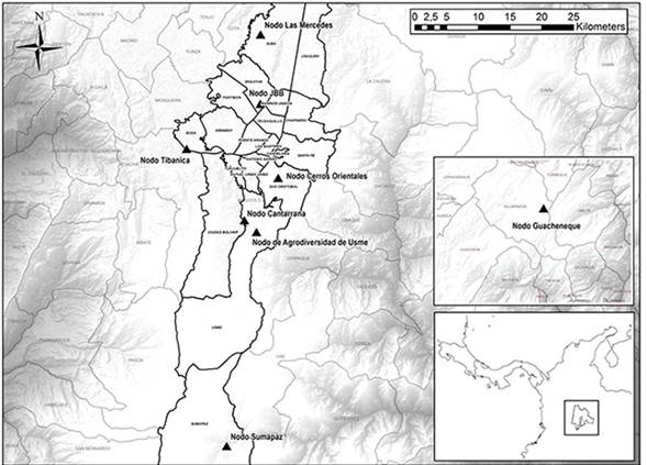 Bogot&aacute;-Regi&oacute;n, Colombia, y sus nodos de biodiversidad. Nodos ubicados en Bogot&aacute;: Nodo de Agrobiodiversidad de Usme, Nodo Cantarrana, Nodo Jard&iacute;n Bot&aacute;nico de Bogot&aacute;, Nodo Sumapaz, Nodo Tibanica, Nodo Cerros Orientales, Nodo Las Mercedes. Nodo Regional: Nodo Guacheneque (Regi&oacute;n Cundinamarca, Municipio de Villapinz&oacute;n).