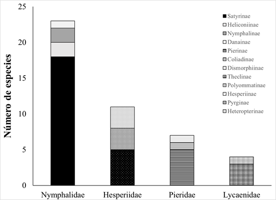 Riqueza de mariposas (n&uacute;mero de especies por familia y subfamilia) de Bogot&aacute;-Regi&oacute;n, Colombia.