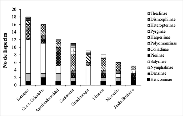 Riqueza de mariposas por subfamilia en los ocho nodos de biodiversidad de Bogot&aacute;- Regi&oacute;n, Colombia.