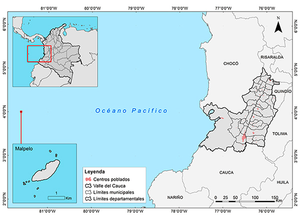 Ubicaci&oacute;n geogr&aacute;fica del departamento del Valle del Cauca en Colombia, incluida la isla de Malpelo en su posici&oacute;n real.